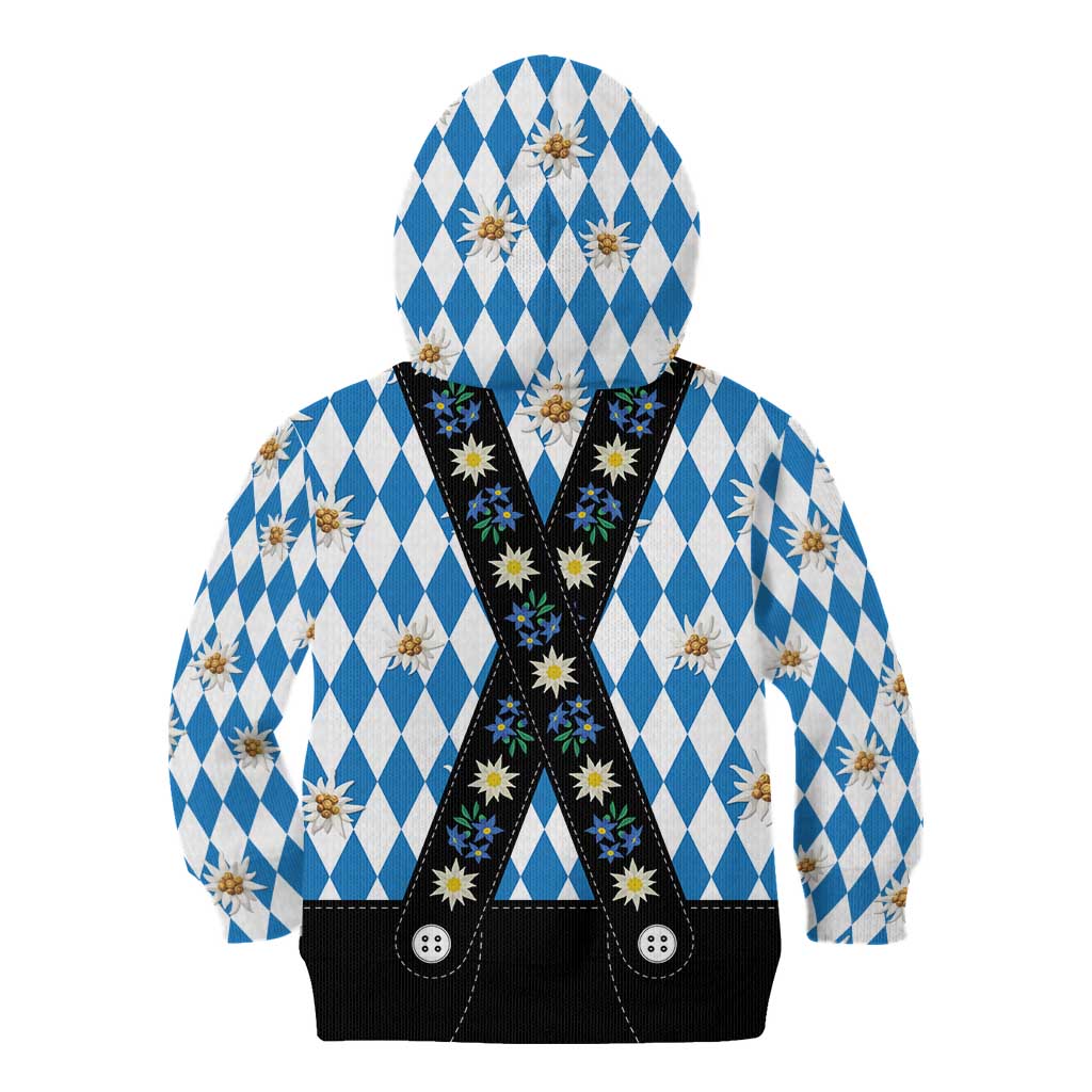 Bavaria Traditional Lederhosen Costume Kid Hoodie Bavaria Emblem - Blue Plaid Pattern with Edelweiss Flowers - Wonder Print Shop