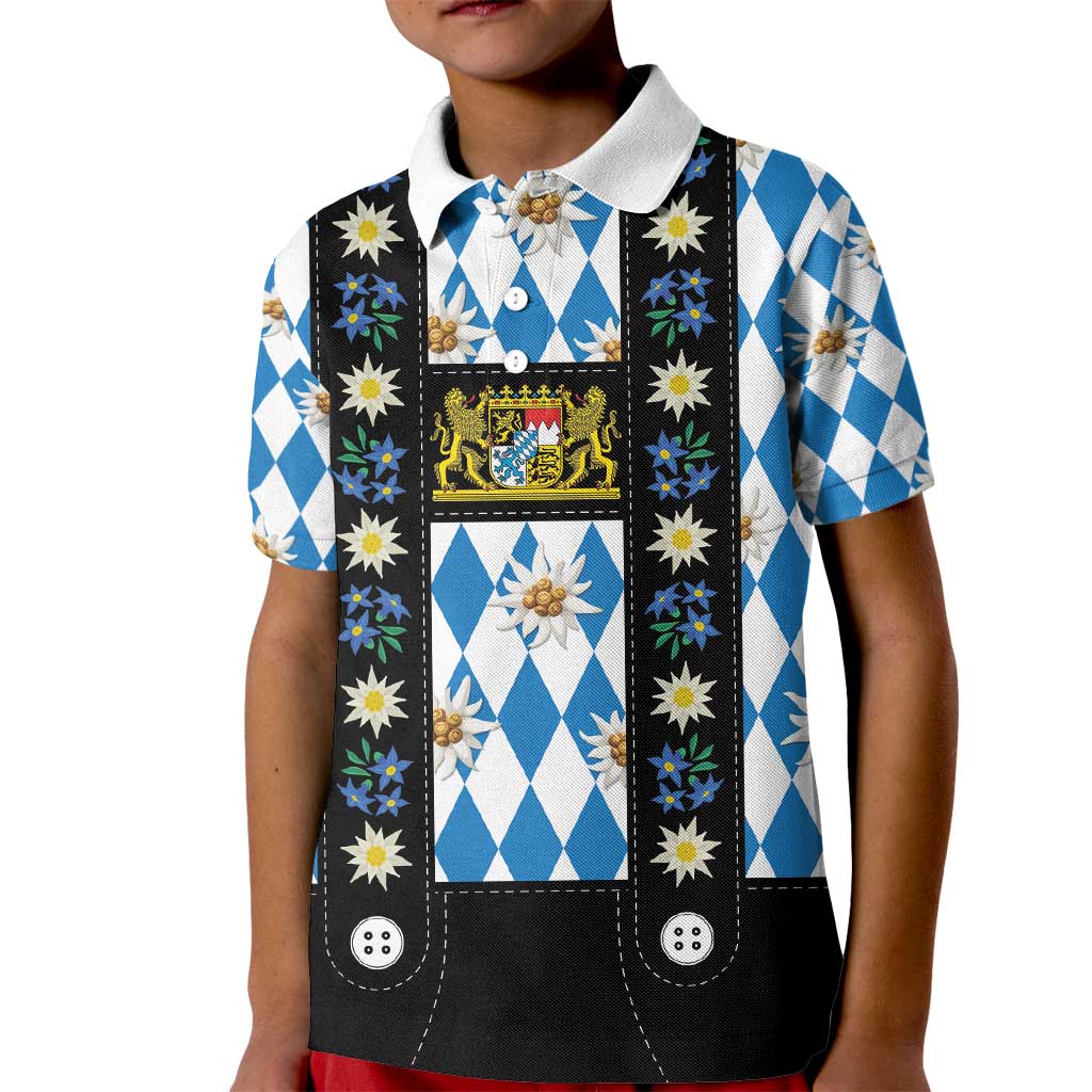 Bavaria Traditional Lederhosen Costume Kid Polo Shirt Bavaria Emblem - Blue Plaid Pattern with Edelweiss Flowers - Wonder Print Shop