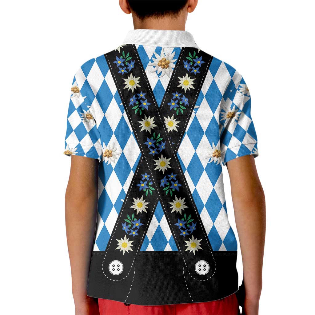 Bavaria Traditional Lederhosen Costume Kid Polo Shirt Bavaria Emblem - Blue Plaid Pattern with Edelweiss Flowers - Wonder Print Shop