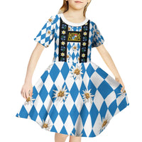 Bavaria Traditional Lederhosen Costume Kid Short Sleeve Dress Bavaria Emblem - Blue Plaid Pattern with Edelweiss Flowers - Wonder Print Shop
