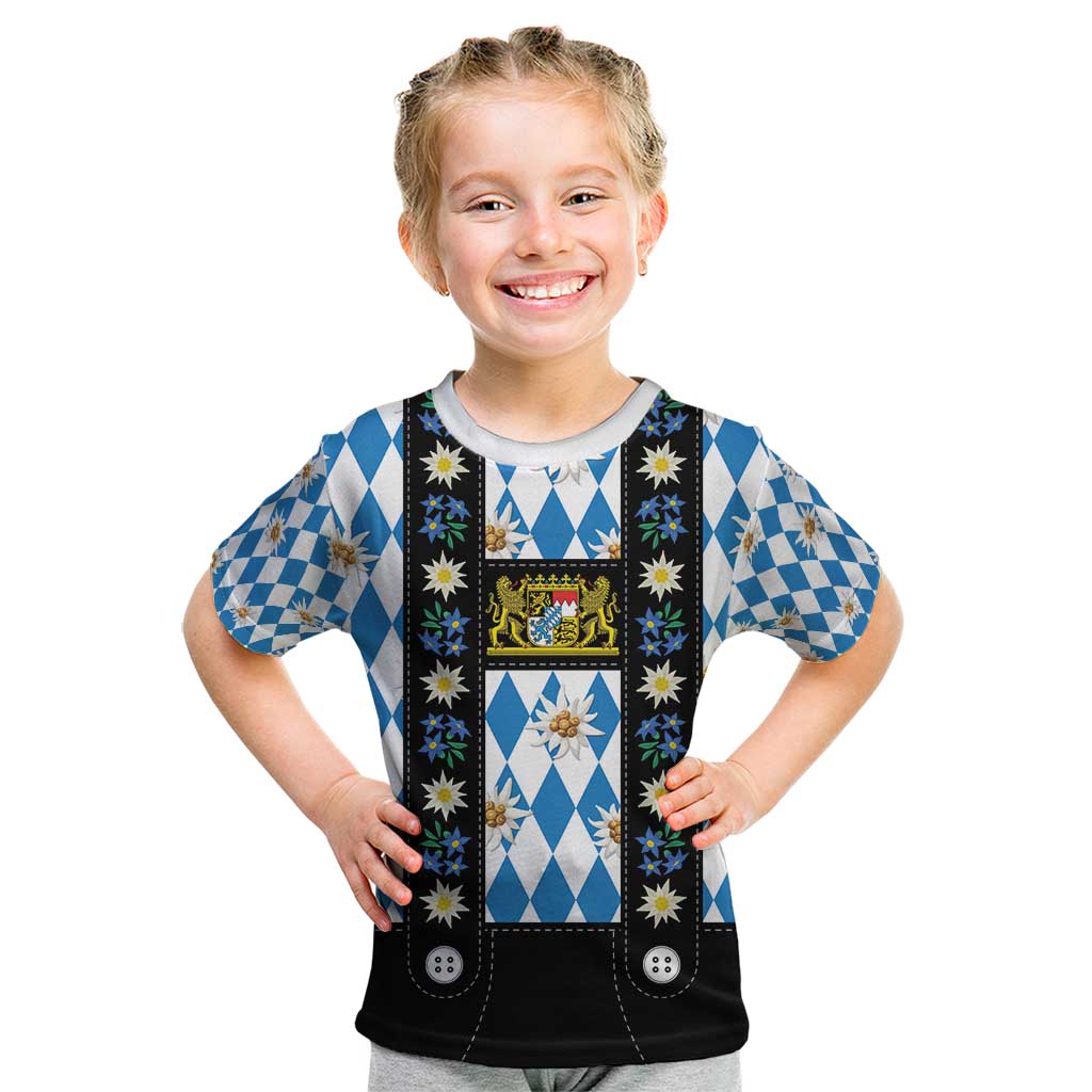 Bavaria Traditional Lederhosen Costume Kid T Shirt Bavaria Emblem - Blue Plaid Pattern with Edelweiss Flowers - Wonder Print Shop
