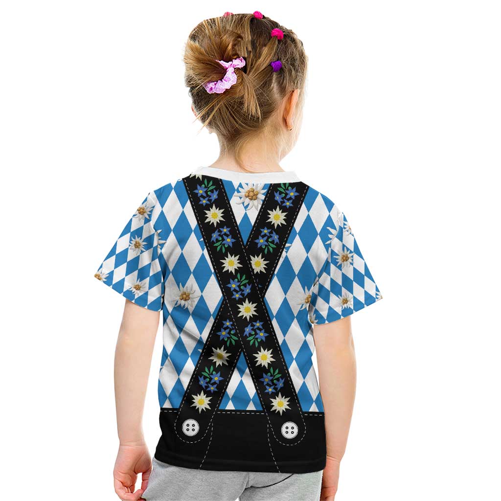 Bavaria Traditional Lederhosen Costume Kid T Shirt Bavaria Emblem - Blue Plaid Pattern with Edelweiss Flowers - Wonder Print Shop