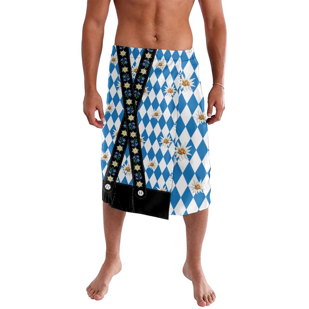 Bavaria Traditional Lederhosen Costume Lavalava Bavaria Emblem - Blue Plaid Pattern with Edelweiss Flowers - Wonder Print Shop