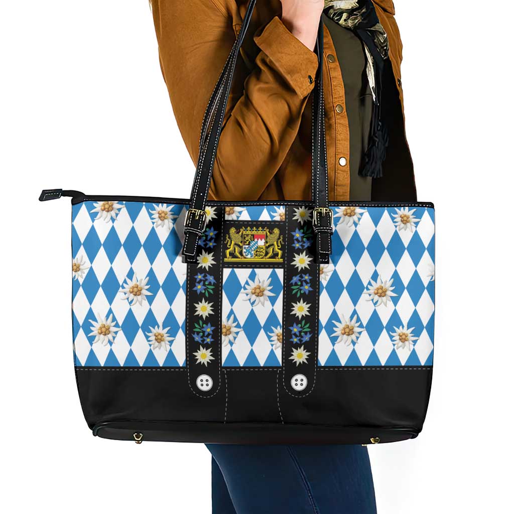 Bavaria Traditional Lederhosen Costume Leather Tote Bag Bavaria Emblem - Blue Plaid Pattern with Edelweiss Flowers