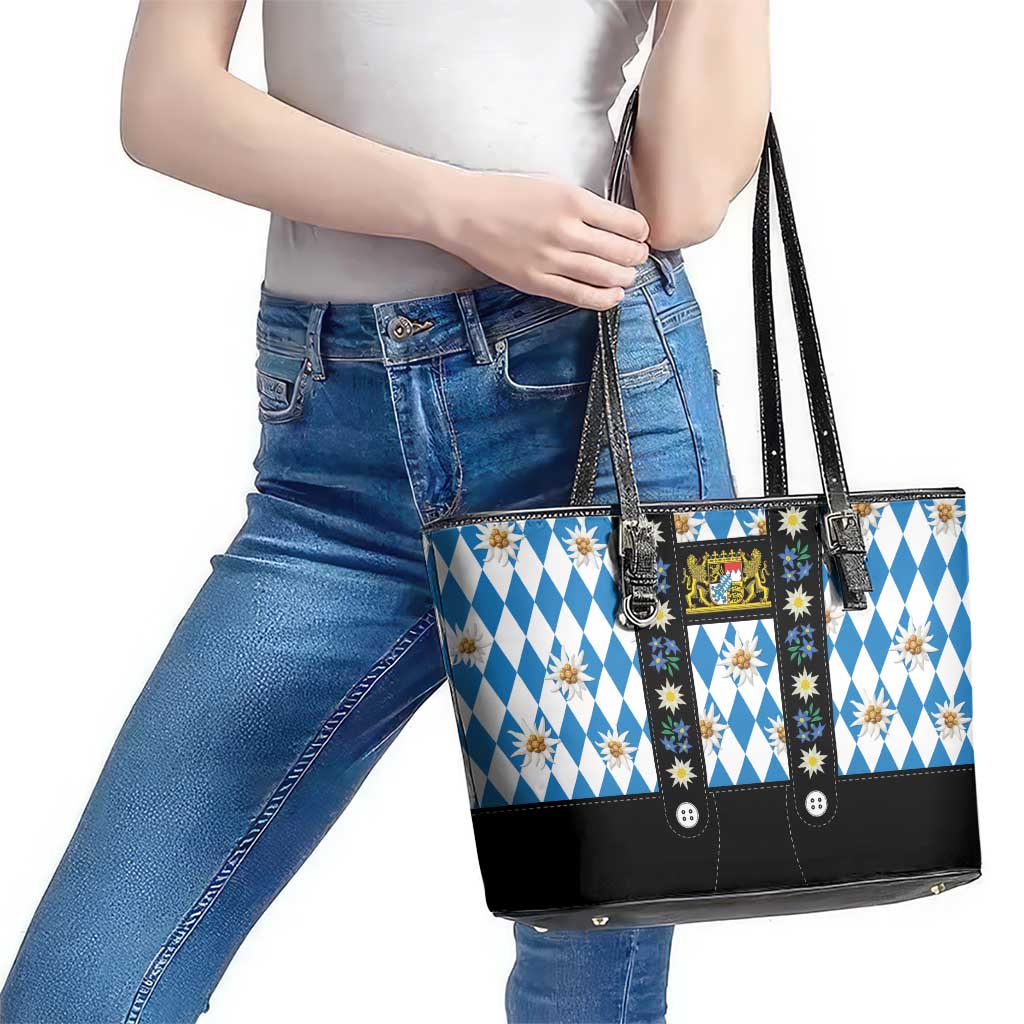 Bavaria Traditional Lederhosen Costume Leather Tote Bag Bavaria Emblem - Blue Plaid Pattern with Edelweiss Flowers