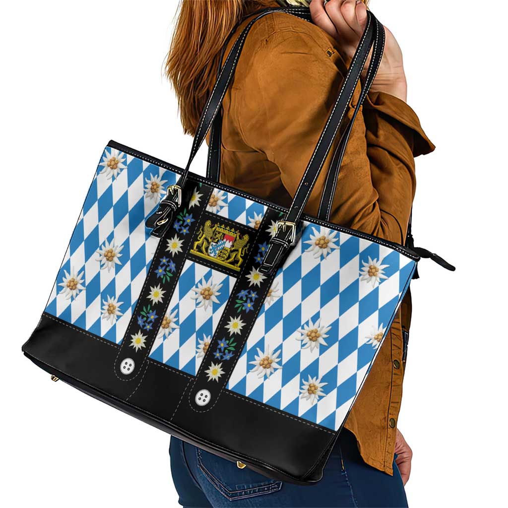 Bavaria Traditional Lederhosen Costume Leather Tote Bag Bavaria Emblem - Blue Plaid Pattern with Edelweiss Flowers
