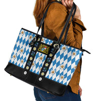 Bavaria Traditional Lederhosen Costume Leather Tote Bag Bavaria Emblem - Blue Plaid Pattern with Edelweiss Flowers