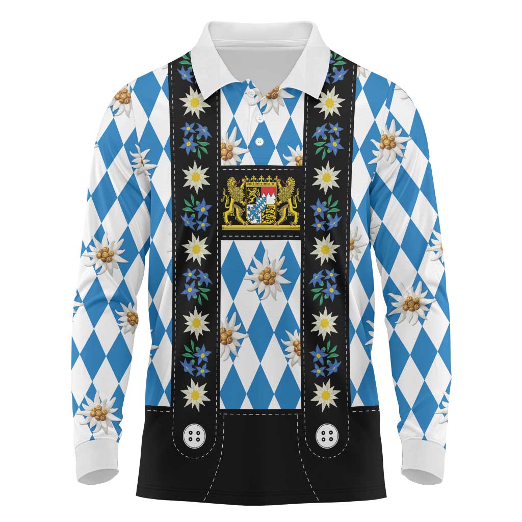 Bavaria Traditional Lederhosen Costume Long Sleeve Polo Shirt Bavaria Emblem - Blue Plaid Pattern with Edelweiss Flowers - Wonder Print Shop