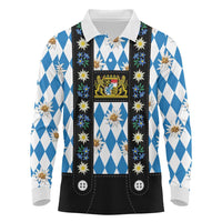 Bavaria Traditional Lederhosen Costume Long Sleeve Polo Shirt Bavaria Emblem - Blue Plaid Pattern with Edelweiss Flowers - Wonder Print Shop