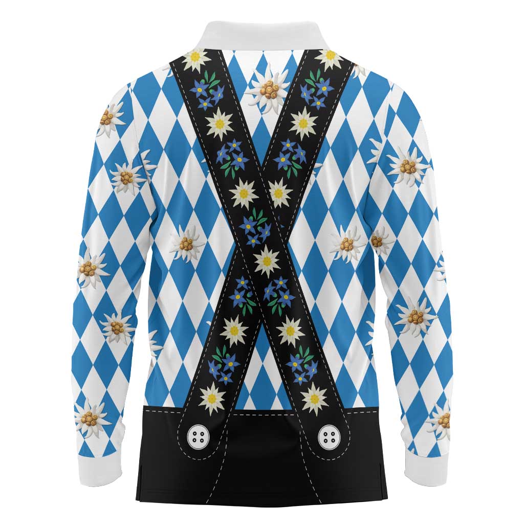Bavaria Traditional Lederhosen Costume Long Sleeve Polo Shirt Bavaria Emblem - Blue Plaid Pattern with Edelweiss Flowers - Wonder Print Shop