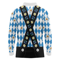 Bavaria Traditional Lederhosen Costume Long Sleeve Polo Shirt Bavaria Emblem - Blue Plaid Pattern with Edelweiss Flowers - Wonder Print Shop