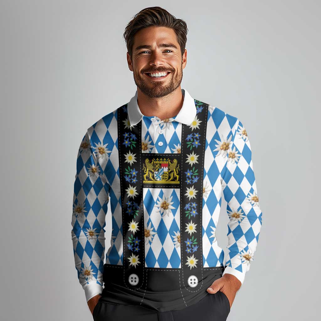 Bavaria Traditional Lederhosen Costume Long Sleeve Polo Shirt Bavaria Emblem - Blue Plaid Pattern with Edelweiss Flowers - Wonder Print Shop