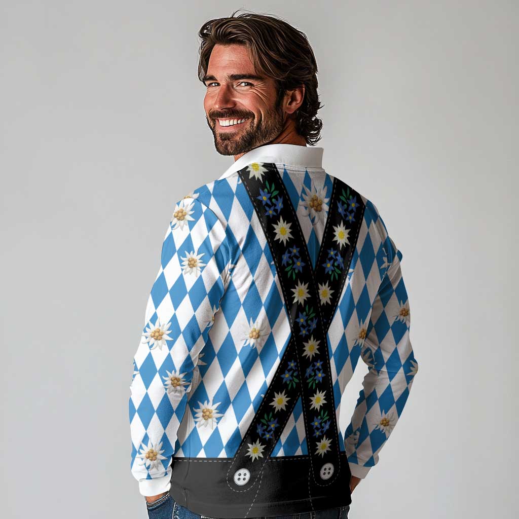 Bavaria Traditional Lederhosen Costume Long Sleeve Polo Shirt Bavaria Emblem - Blue Plaid Pattern with Edelweiss Flowers - Wonder Print Shop