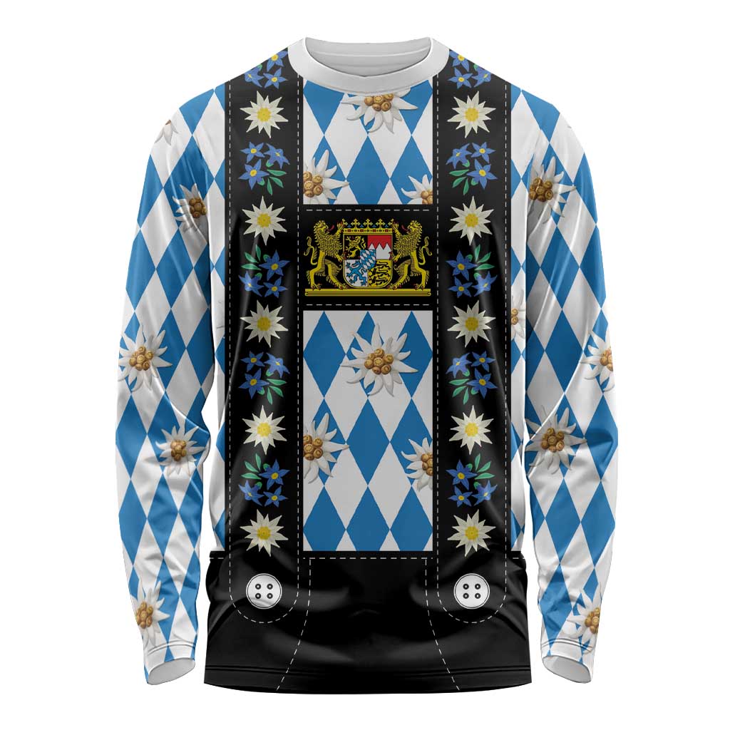 Bavaria Traditional Lederhosen Costume Long Sleeve Shirt Bavaria Emblem - Blue Plaid Pattern with Edelweiss Flowers - Wonder Print Shop