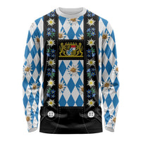 Bavaria Traditional Lederhosen Costume Long Sleeve Shirt Bavaria Emblem - Blue Plaid Pattern with Edelweiss Flowers - Wonder Print Shop