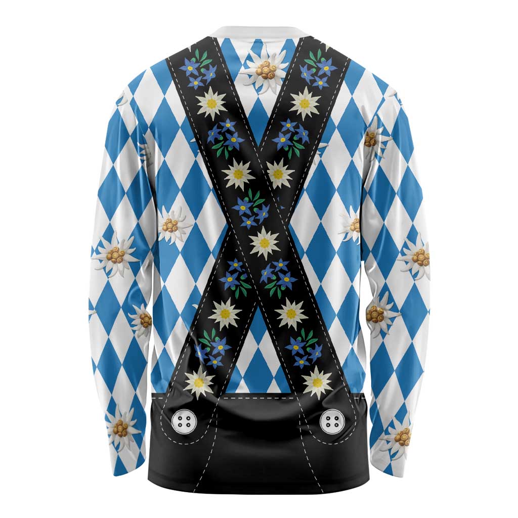 Bavaria Traditional Lederhosen Costume Long Sleeve Shirt Bavaria Emblem - Blue Plaid Pattern with Edelweiss Flowers - Wonder Print Shop