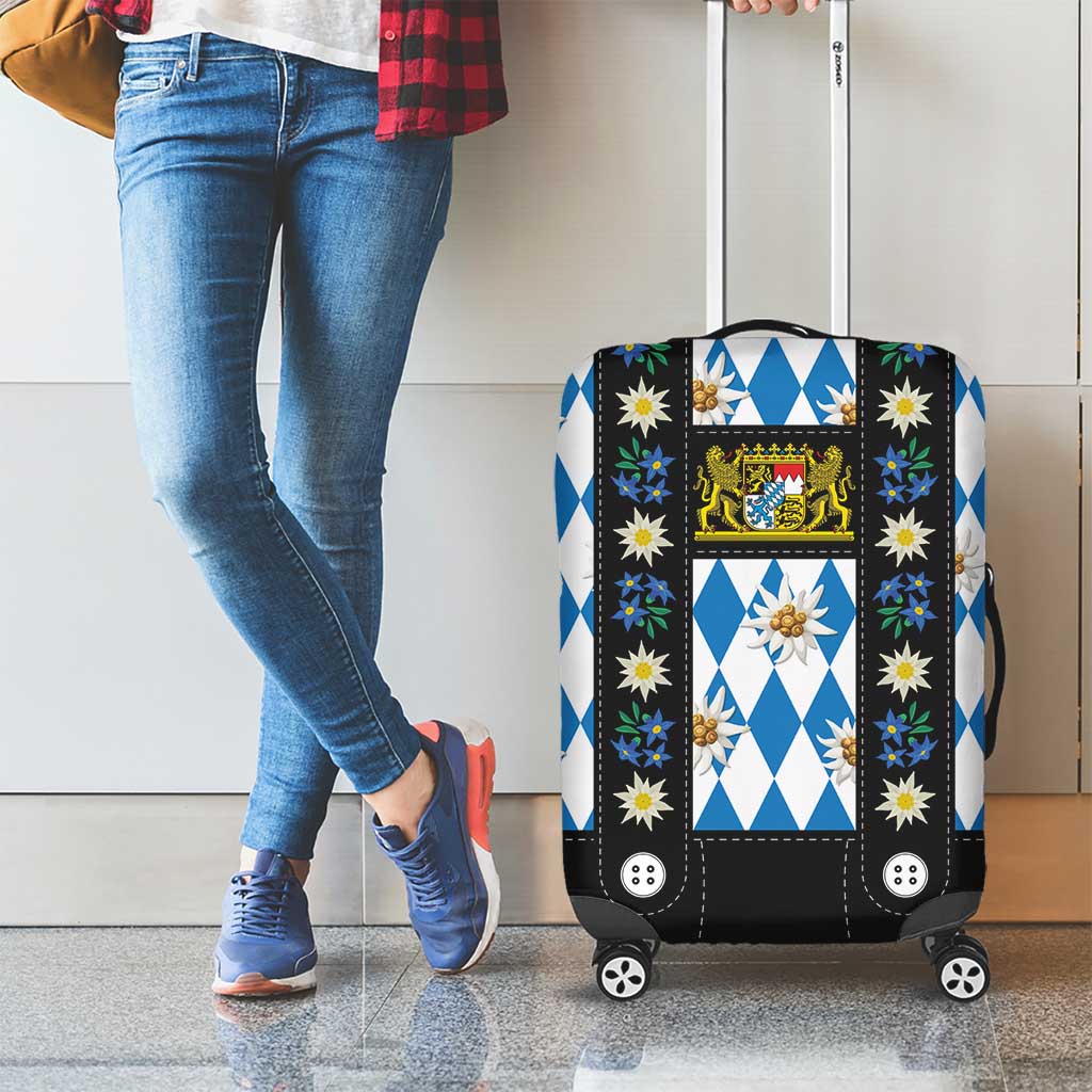 Bavaria Traditional Lederhosen Costume Luggage Cover Bavaria Emblem - Blue Plaid Pattern with Edelweiss Flowers - Wonder Print Shop
