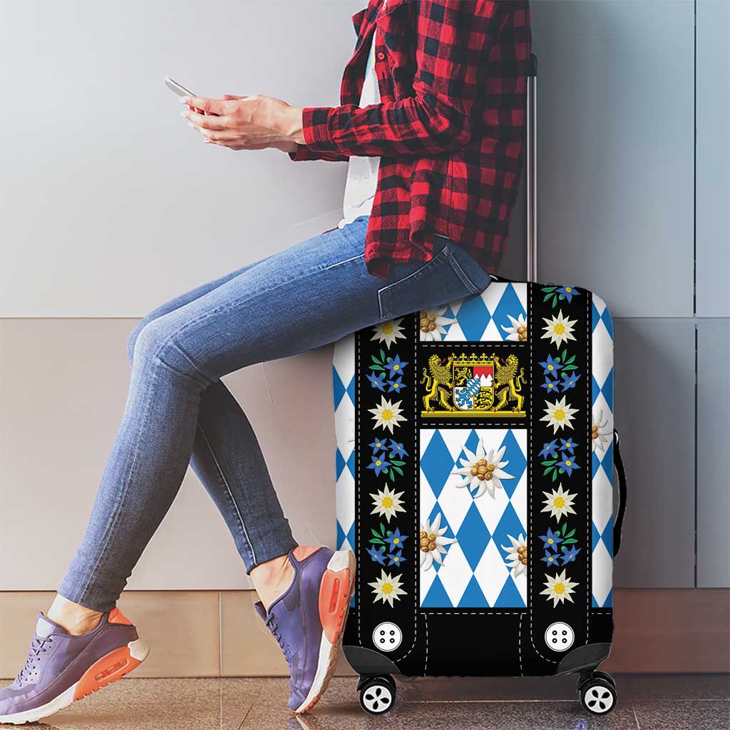 Bavaria Traditional Lederhosen Costume Luggage Cover Bavaria Emblem - Blue Plaid Pattern with Edelweiss Flowers - Wonder Print Shop