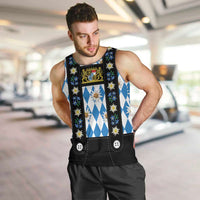 Bavaria Traditional Lederhosen Costume Men Tank Top Bavaria Emblem - Blue Plaid Pattern with Edelweiss Flowers - Wonder Print Shop
