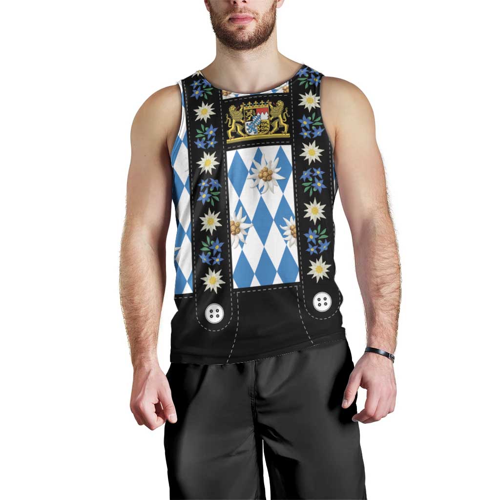 Bavaria Traditional Lederhosen Costume Men Tank Top Bavaria Emblem - Blue Plaid Pattern with Edelweiss Flowers - Wonder Print Shop