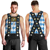 Bavaria Traditional Lederhosen Costume Men Tank Top Bavaria Emblem - Blue Plaid Pattern with Edelweiss Flowers - Wonder Print Shop