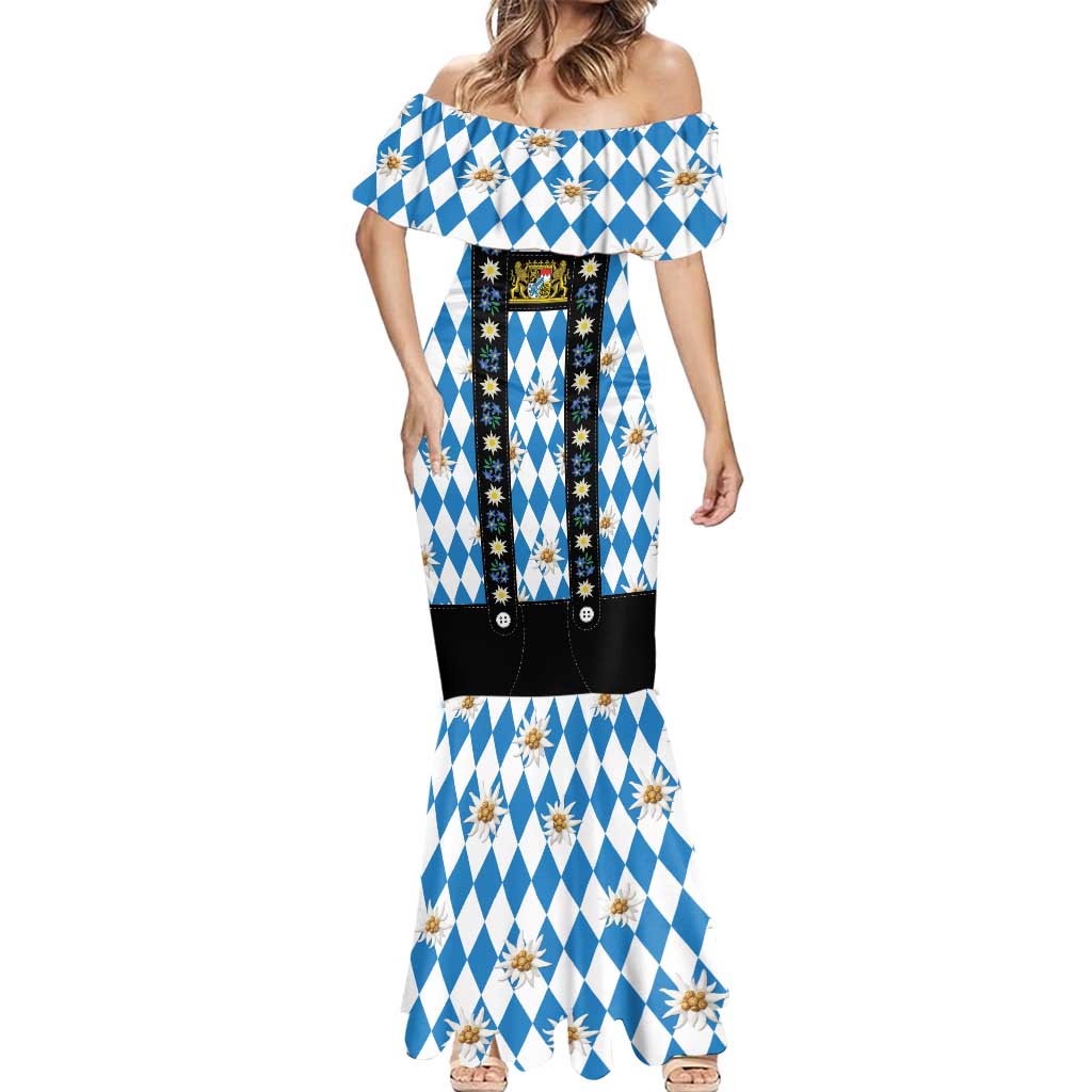 Bavaria Traditional Lederhosen Costume Mermaid Dress Bavaria Emblem - Blue Plaid Pattern with Edelweiss Flowers - Wonder Print Shop