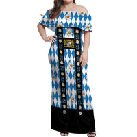 Bavaria Traditional Lederhosen Costume Off Shoulder Maxi Dress Bavaria Emblem - Blue Plaid Pattern with Edelweiss Flowers - Wonder Print Shop