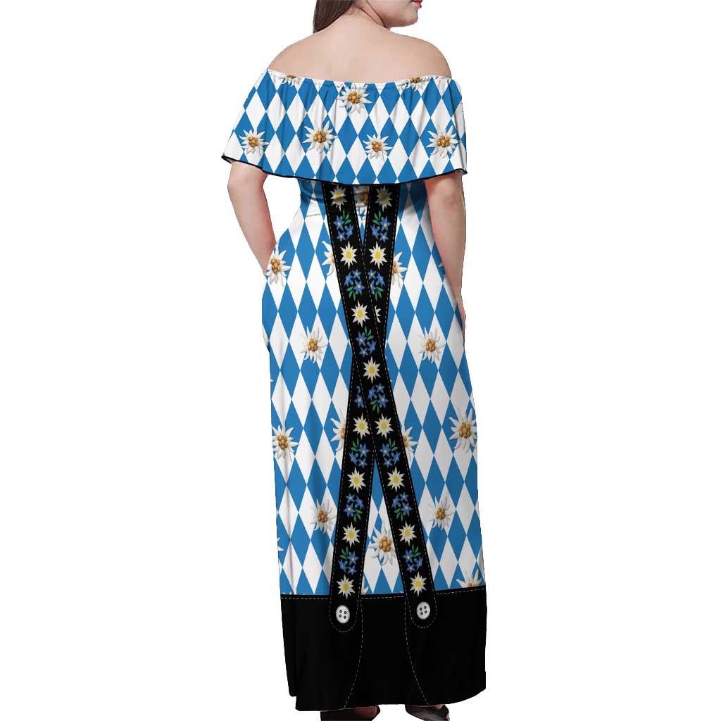 Bavaria Traditional Lederhosen Costume Off Shoulder Maxi Dress Bavaria Emblem - Blue Plaid Pattern with Edelweiss Flowers - Wonder Print Shop