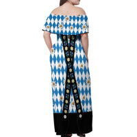 Bavaria Traditional Lederhosen Costume Off Shoulder Maxi Dress Bavaria Emblem - Blue Plaid Pattern with Edelweiss Flowers - Wonder Print Shop