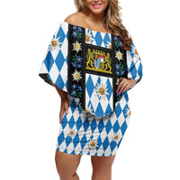 Bavaria Traditional Lederhosen Costume Off Shoulder Short Dress Bavaria Emblem - Blue Plaid Pattern with Edelweiss Flowers - Wonder Print Shop
