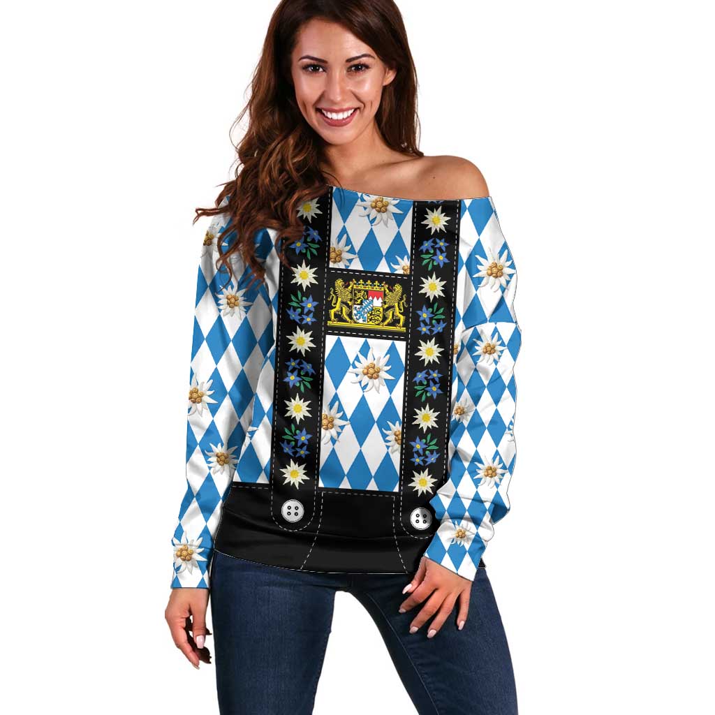Bavaria Traditional Lederhosen Costume Off Shoulder Sweater Bavaria Emblem - Blue Plaid Pattern with Edelweiss Flowers - Wonder Print Shop
