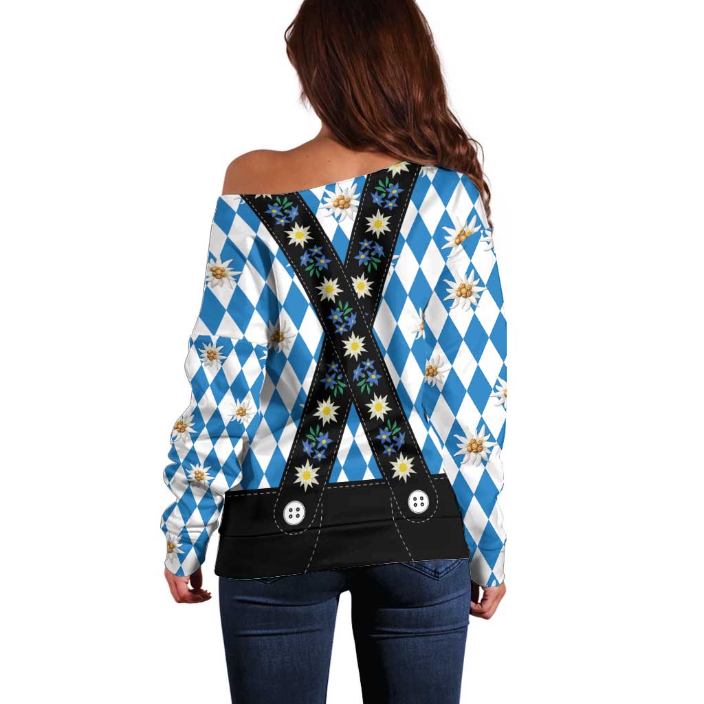 Bavaria Traditional Lederhosen Costume Off Shoulder Sweater Bavaria Emblem - Blue Plaid Pattern with Edelweiss Flowers - Wonder Print Shop