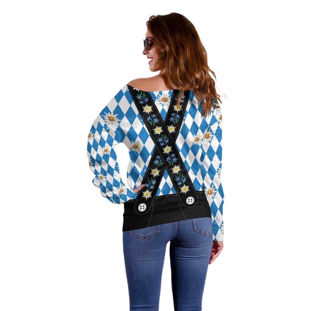 Bavaria Traditional Lederhosen Costume Off Shoulder Sweater Bavaria Emblem - Blue Plaid Pattern with Edelweiss Flowers - Wonder Print Shop