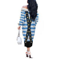 Bavaria Traditional Lederhosen Costume Off The Shoulder Long Sleeve Dress Bavaria Emblem - Blue Plaid Pattern with Edelweiss Flowers - Wonder Print Shop