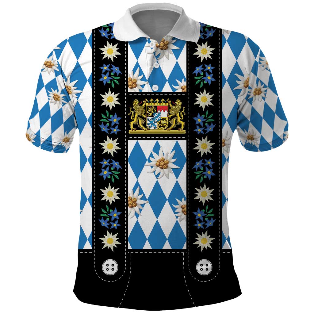 Bavaria Traditional Lederhosen Costume Polo Shirt Bavaria Emblem - Blue Plaid Pattern with Edelweiss Flowers - Wonder Print Shop
