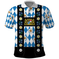 Bavaria Traditional Lederhosen Costume Polo Shirt Bavaria Emblem - Blue Plaid Pattern with Edelweiss Flowers - Wonder Print Shop