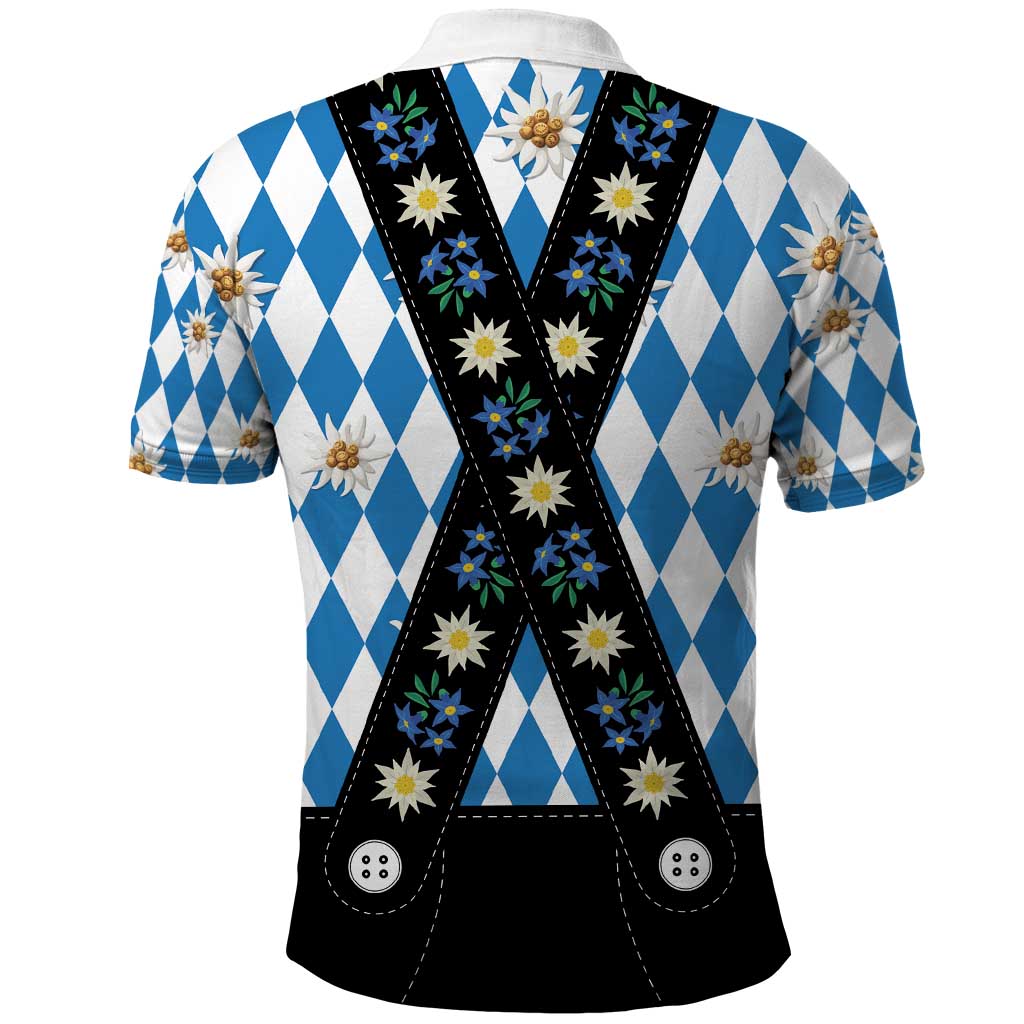 Bavaria Traditional Lederhosen Costume Polo Shirt Bavaria Emblem - Blue Plaid Pattern with Edelweiss Flowers - Wonder Print Shop
