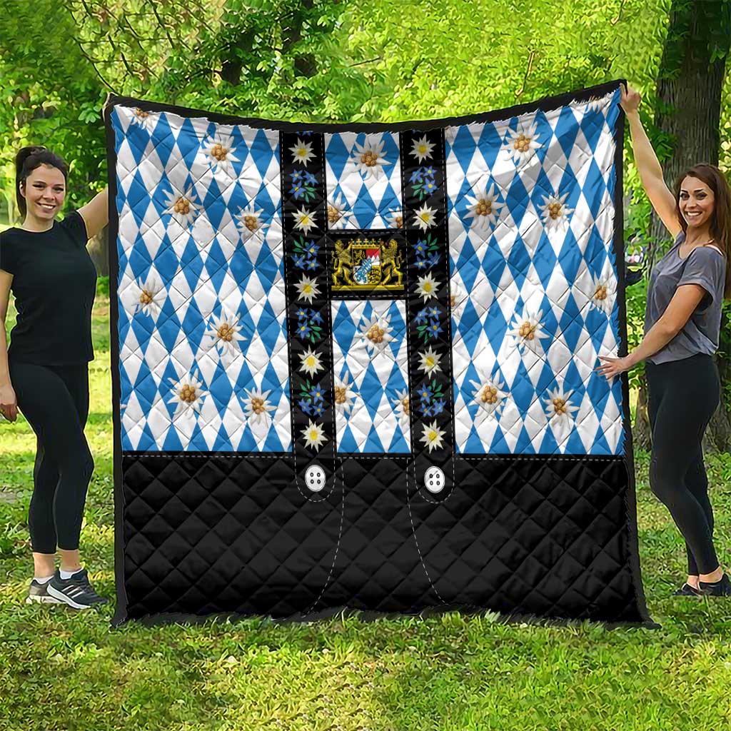 Bavaria Traditional Lederhosen Costume Quilt Bavaria Emblem - Blue Plaid Pattern with Edelweiss Flowers - Wonder Print Shop