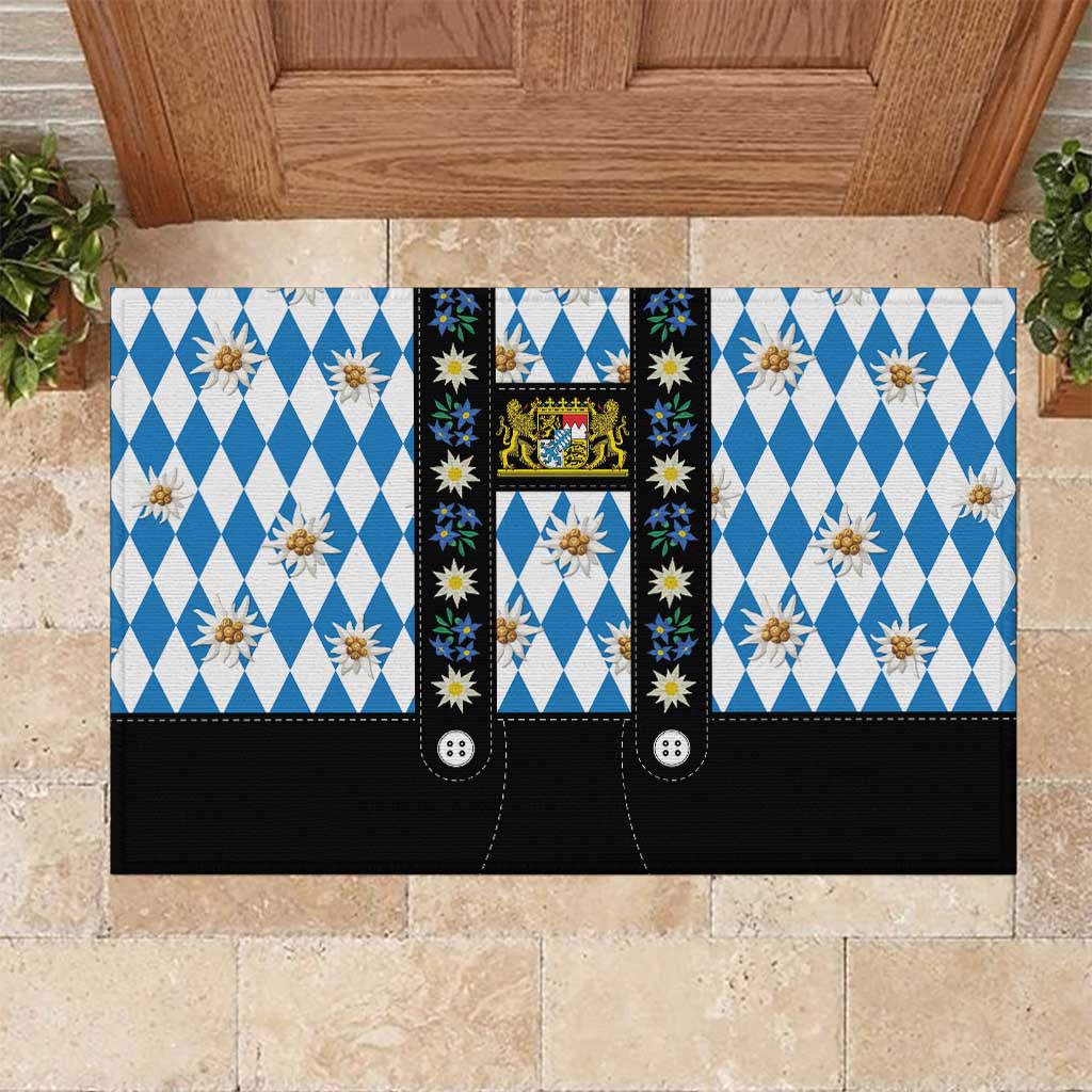 Bavaria Traditional Lederhosen Costume Rubber Doormat Bavaria Emblem - Blue Plaid Pattern with Edelweiss Flowers - Wonder Print Shop