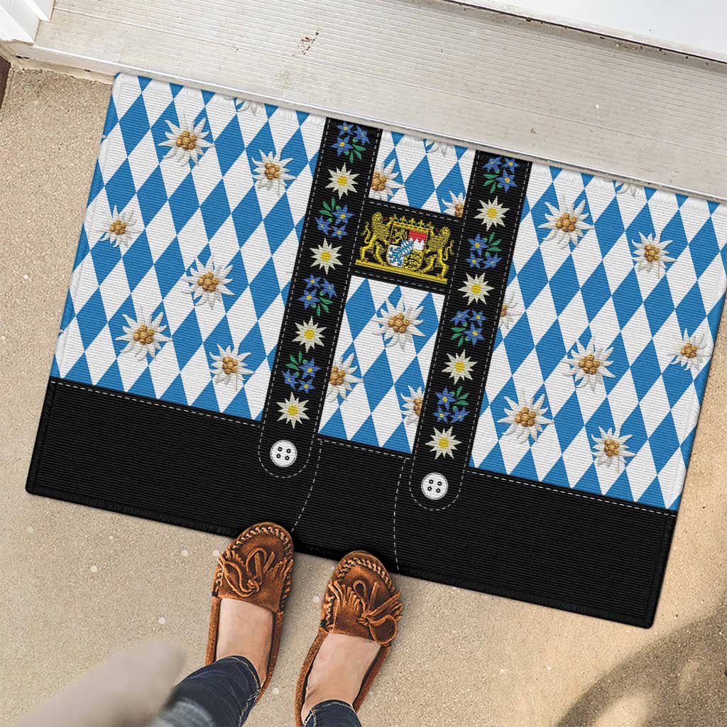Bavaria Traditional Lederhosen Costume Rubber Doormat Bavaria Emblem - Blue Plaid Pattern with Edelweiss Flowers - Wonder Print Shop