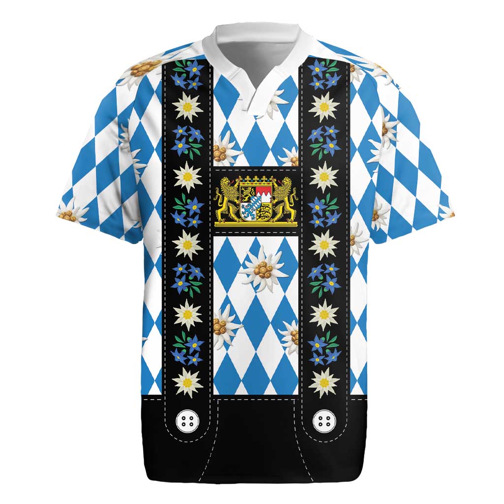 Bavaria Traditional Lederhosen Costume Rugby Jersey Bavaria Emblem - Blue Plaid Pattern with Edelweiss Flowers - Wonder Print Shop