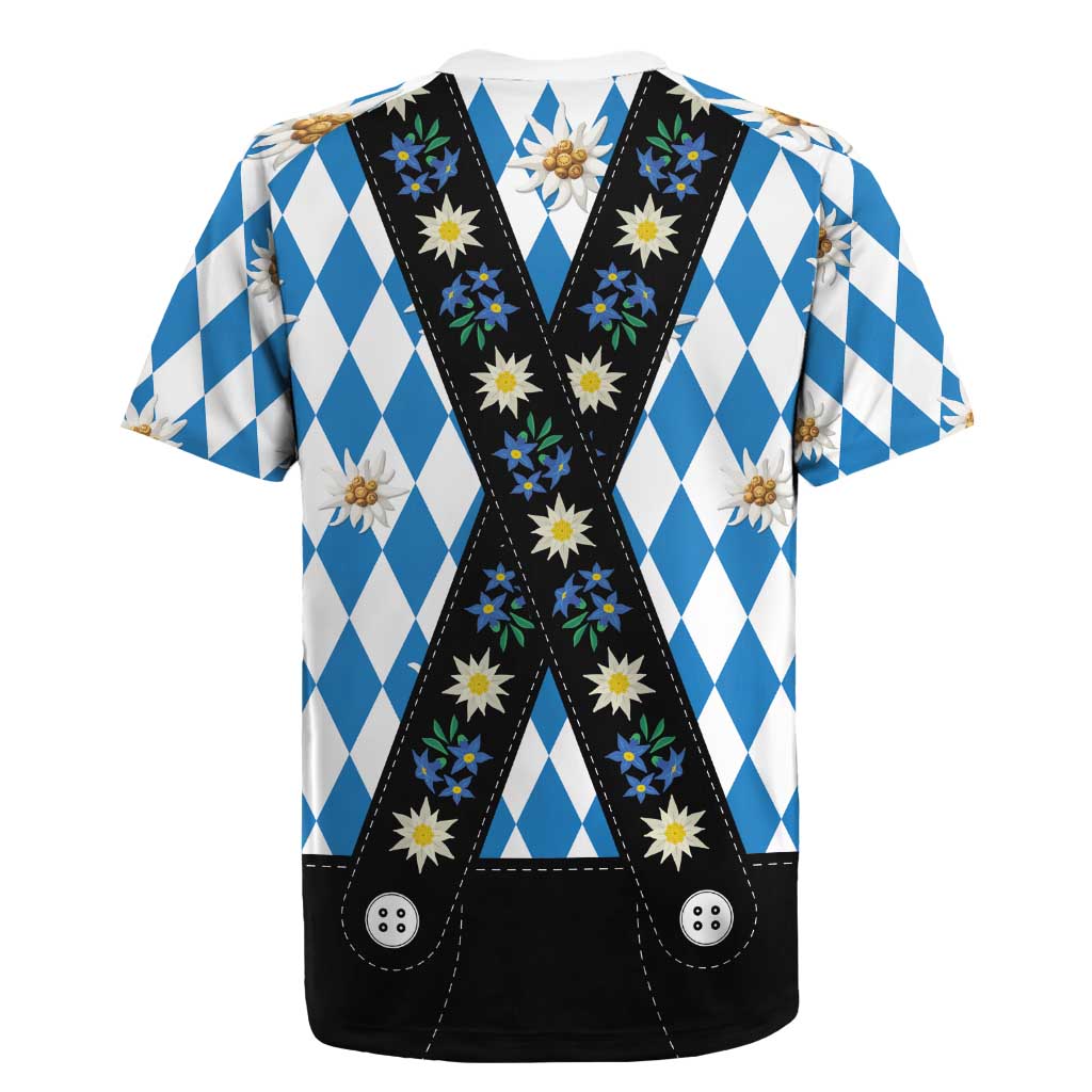 Bavaria Traditional Lederhosen Costume Rugby Jersey Bavaria Emblem - Blue Plaid Pattern with Edelweiss Flowers - Wonder Print Shop