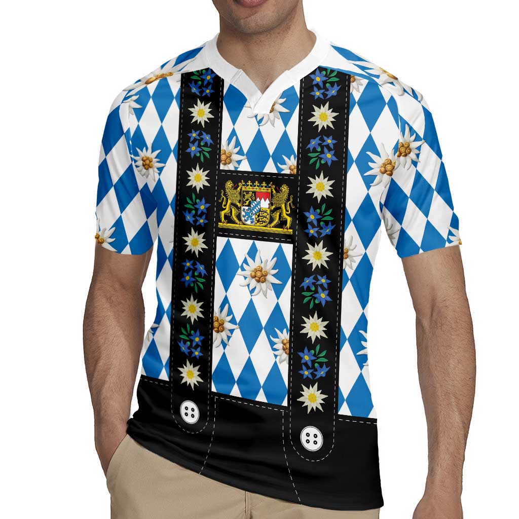Bavaria Traditional Lederhosen Costume Rugby Jersey Bavaria Emblem - Blue Plaid Pattern with Edelweiss Flowers - Wonder Print Shop