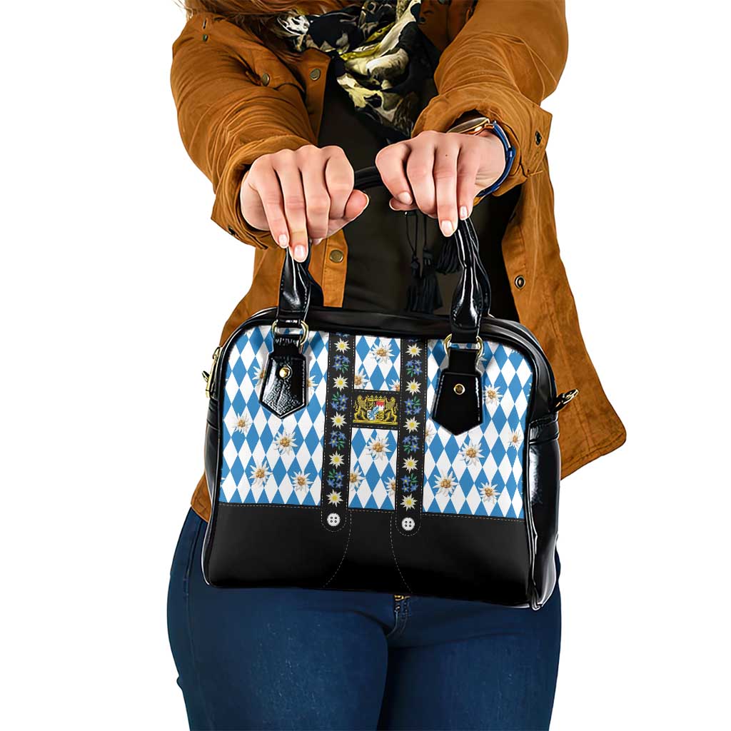 Bavaria Traditional Lederhosen Costume Shoulder Handbag Bavaria Emblem - Blue Plaid Pattern with Edelweiss Flowers - Wonder Print Shop