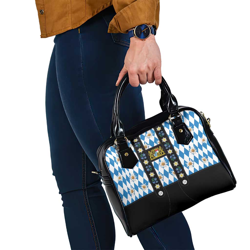 Bavaria Traditional Lederhosen Costume Shoulder Handbag Bavaria Emblem - Blue Plaid Pattern with Edelweiss Flowers - Wonder Print Shop
