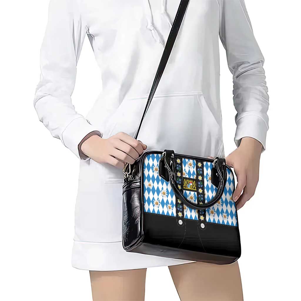 Bavaria Traditional Lederhosen Costume Shoulder Handbag Bavaria Emblem - Blue Plaid Pattern with Edelweiss Flowers - Wonder Print Shop