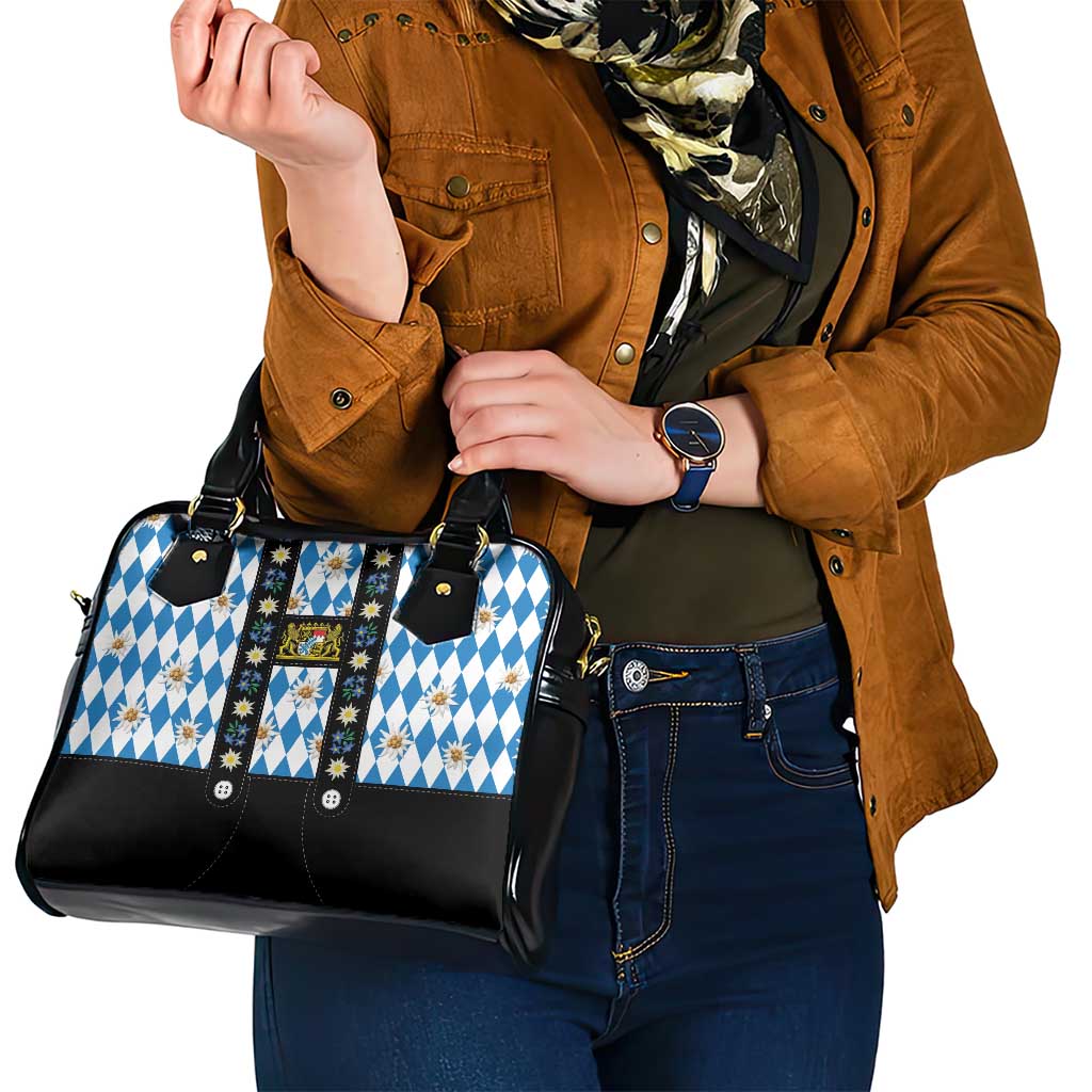 Bavaria Traditional Lederhosen Costume Shoulder Handbag Bavaria Emblem - Blue Plaid Pattern with Edelweiss Flowers - Wonder Print Shop