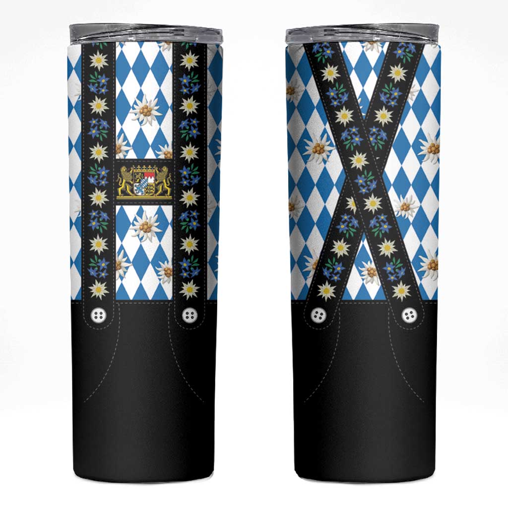 Traditional Bavarian Costume - Lederhosen Skinny Tumbler Bavaria Emblem - Blue Plaid Pattern with Edelweiss Flowers - Wonder Print Shop