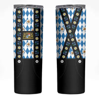 Traditional Bavarian Costume - Lederhosen Skinny Tumbler Bavaria Emblem - Blue Plaid Pattern with Edelweiss Flowers - Wonder Print Shop