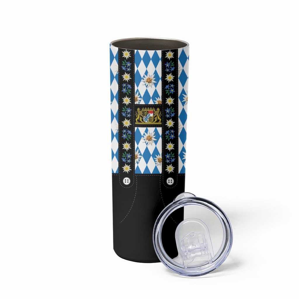 Traditional Bavarian Costume - Lederhosen Skinny Tumbler Bavaria Emblem - Blue Plaid Pattern with Edelweiss Flowers - Wonder Print Shop